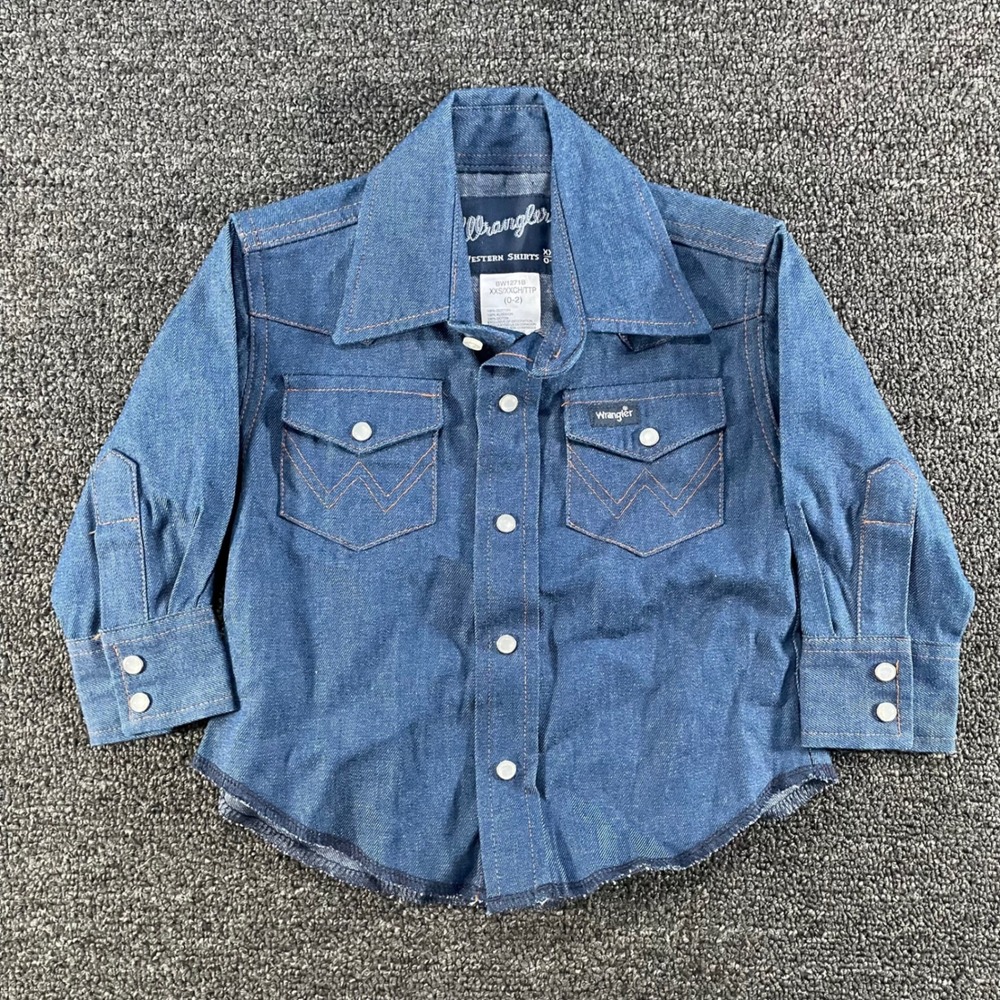 Wrangler Western Shirt Toddler XXS (0-2) Blue Denim Good Pearl Snap Cowboy